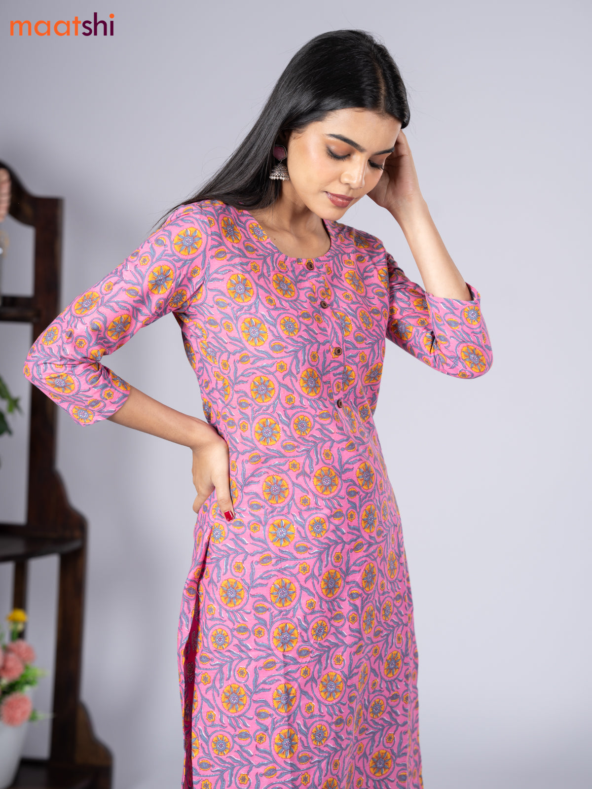 Cotton readymade kurti set pink with allover floral prints & simple neck pattern and straight cut pant