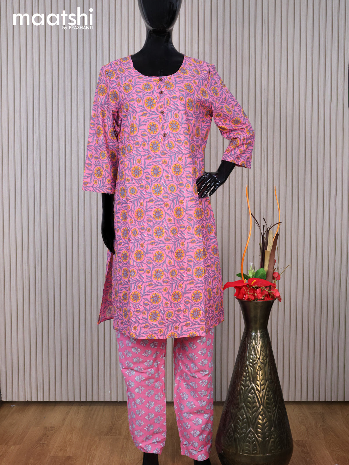 Cotton readymade kurti set pink with allover floral prints & simple neck pattern and straight cut pant