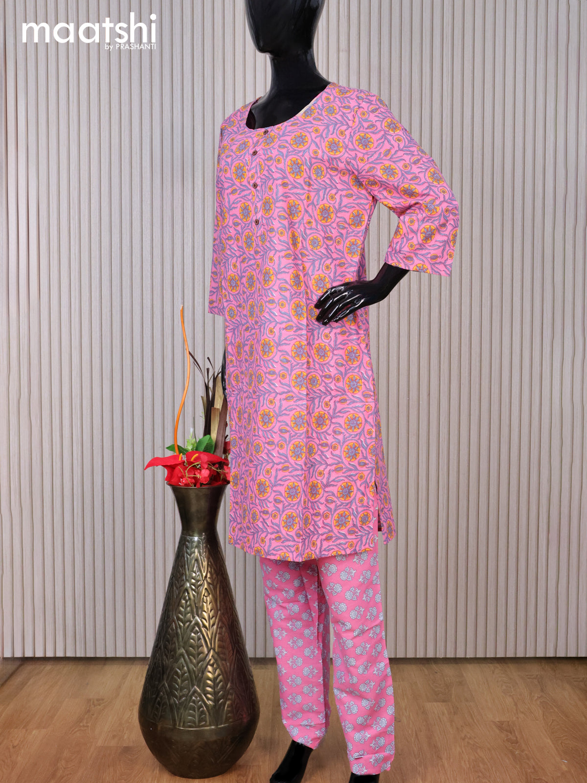 Cotton readymade kurti set pink with allover floral prints & simple neck pattern and straight cut pant