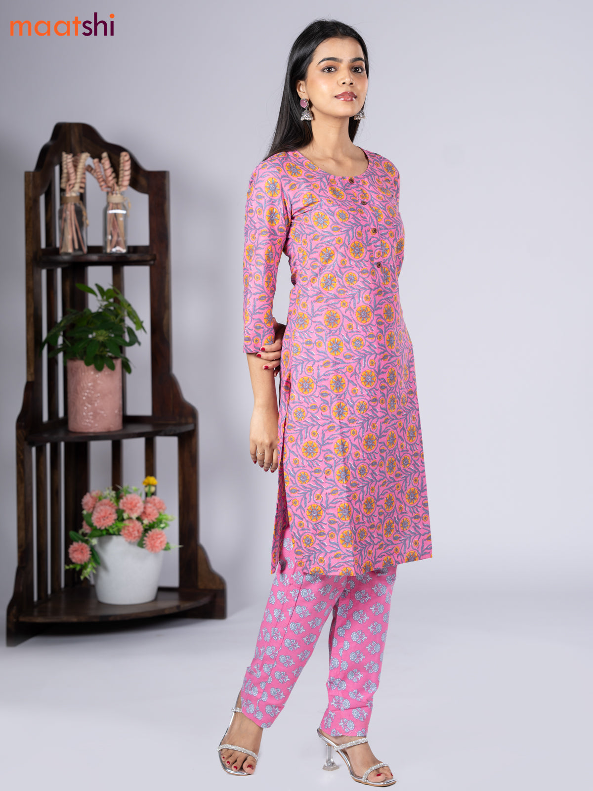 Cotton readymade kurti set pink with allover floral prints & simple neck pattern and straight cut pant