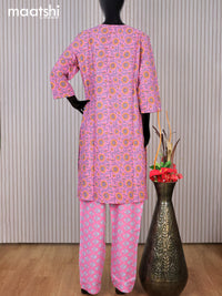 Cotton readymade kurti set pink with allover floral prints & simple neck pattern and straight cut pant