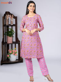 Cotton readymade kurti set pink with allover floral prints & simple neck pattern and straight cut pant