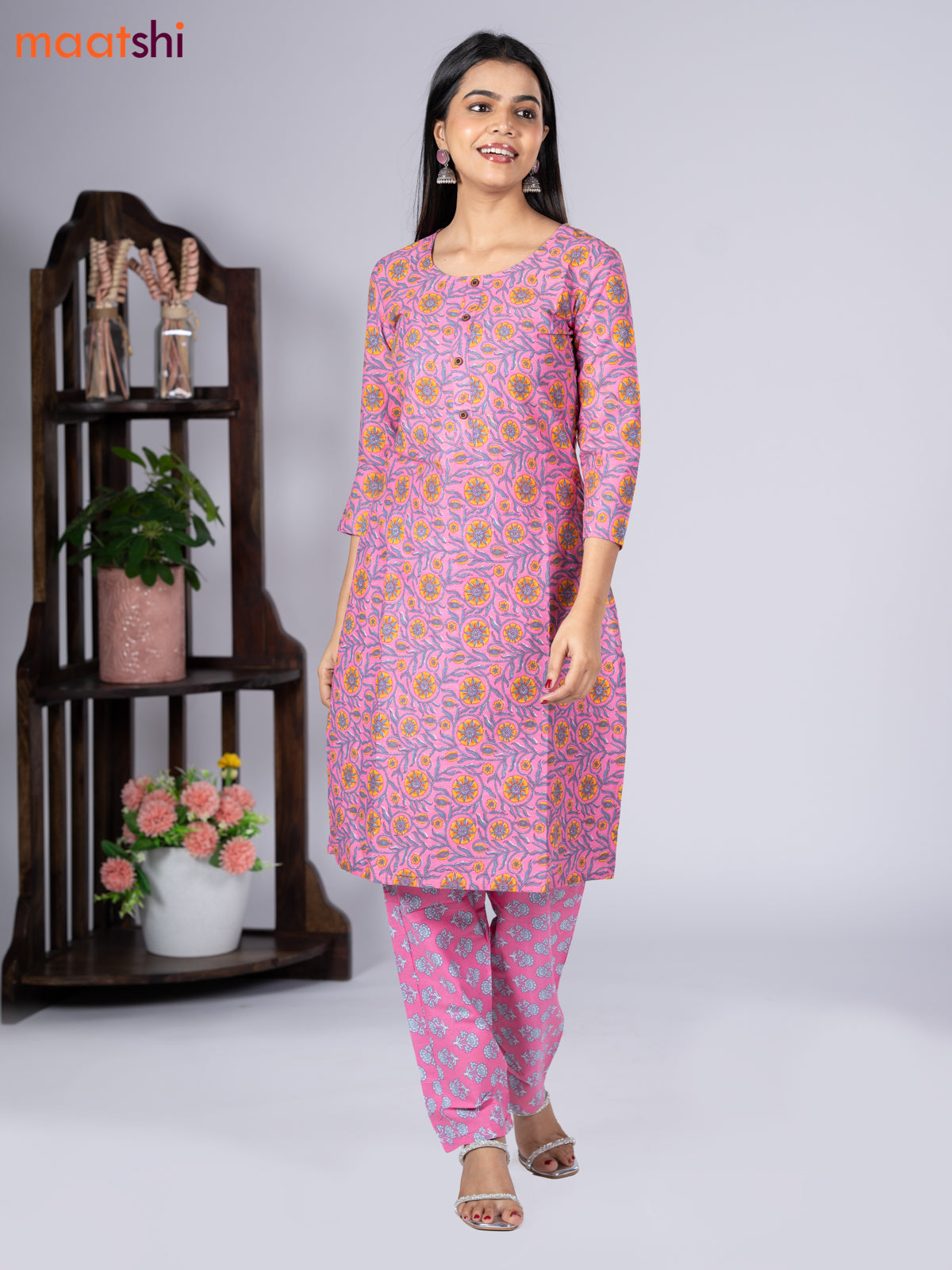 Cotton readymade kurti set pink with allover floral prints & simple neck pattern and straight cut pant