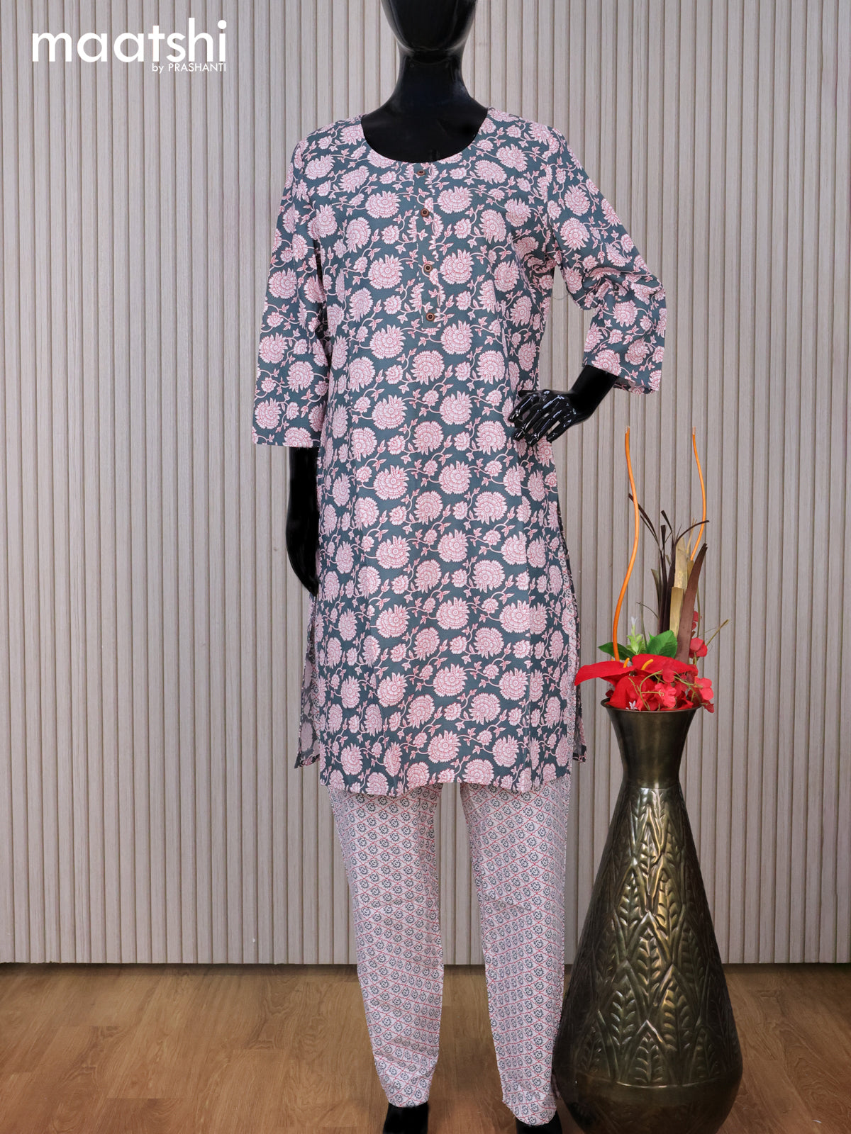 Cotton readymade kurti set green shade and off white with allover floral prints & simple neck pattern and straight cut pant