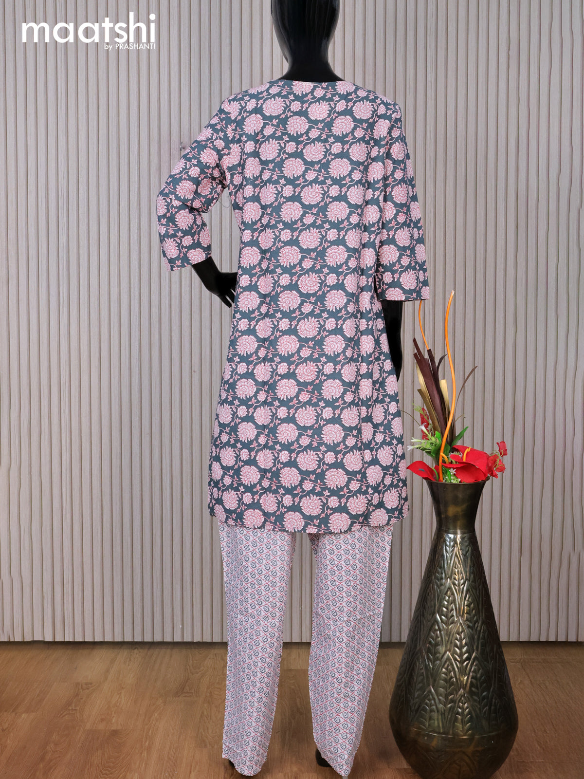 Cotton readymade kurti set green shade and off white with allover floral prints & simple neck pattern and straight cut pant