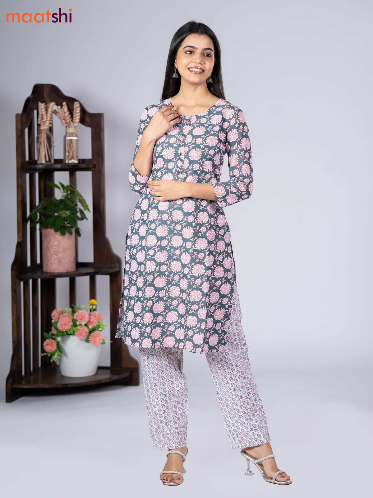 Cotton readymade kurti set green shade and off white with allover floral prints & simple neck pattern and straight cut pant