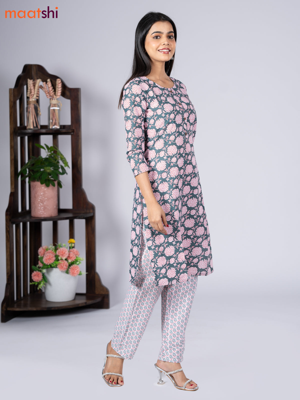 Cotton readymade kurti set green shade and off white with allover floral prints & simple neck pattern and straight cut pant