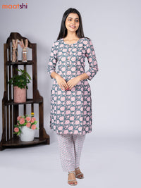 Cotton readymade kurti set green shade and off white with allover floral prints & simple neck pattern and straight cut pant