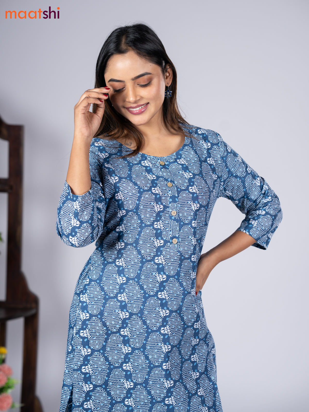 Cotton readymade kurti set blue and off white with allover prints & simple neck pattern and straight cut pant