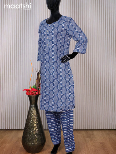 Cotton readymade kurti set blue and off white with allover prints & simple neck pattern and straight cut pant