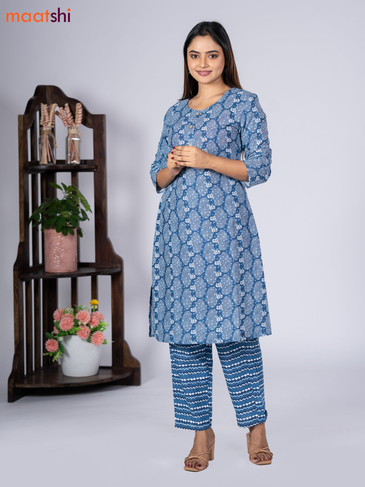 Cotton readymade kurti set blue and off white with allover prints & simple neck pattern and straight cut pant