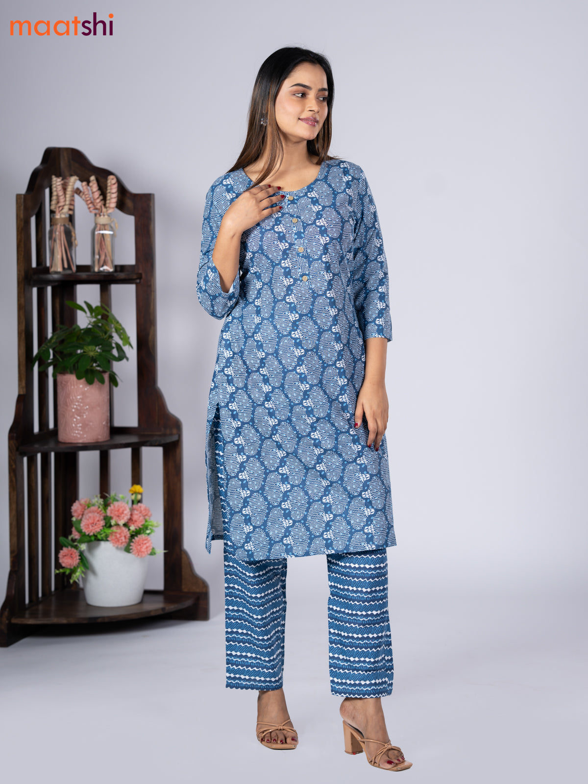 Cotton readymade kurti set blue and off white with allover prints & simple neck pattern and straight cut pant