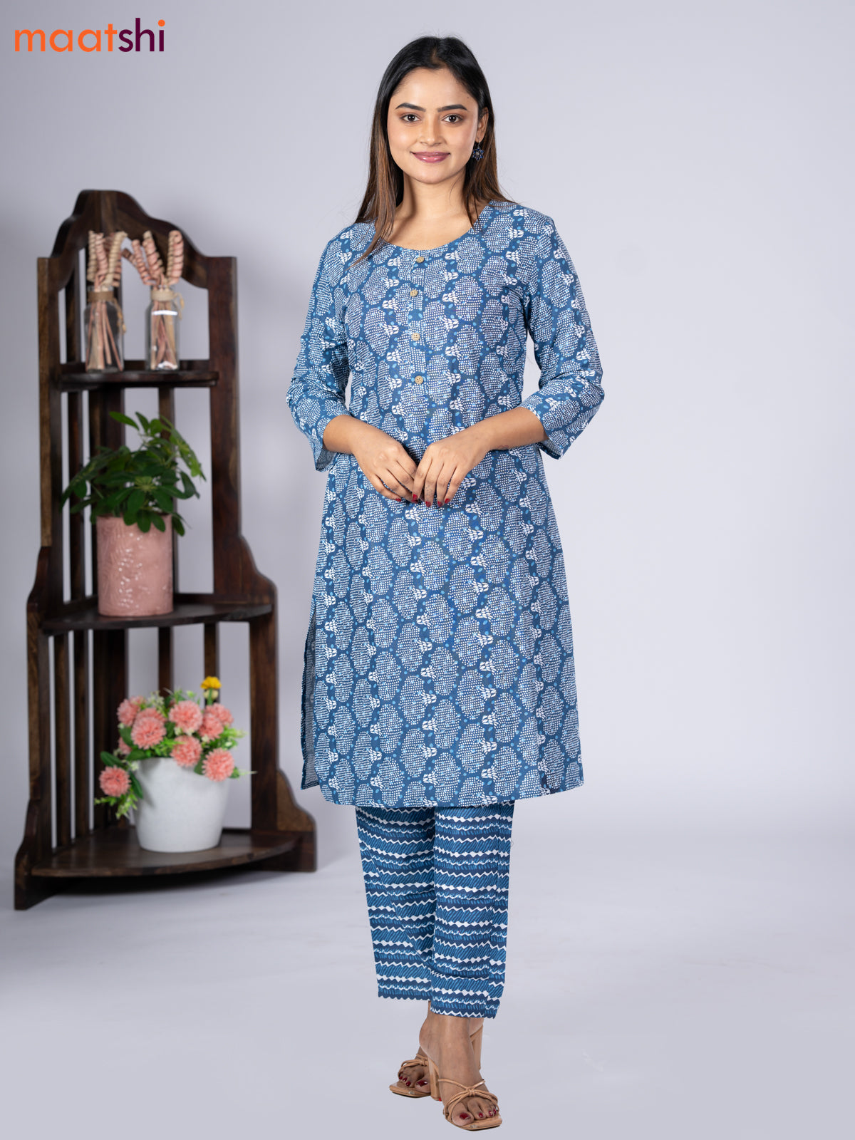 Cotton readymade kurti set blue and off white with allover prints & simple neck pattern and straight cut pant