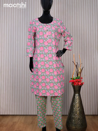 Cotton readymade kurti set green and pink with allover floral prints & simple neck pattern and straight cut pant