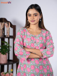 Cotton readymade kurti set green and pink with allover floral prints & simple neck pattern and straight cut pant