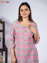 Cotton readymade kurti set green and pink with allover floral prints & simple neck pattern and straight cut pant