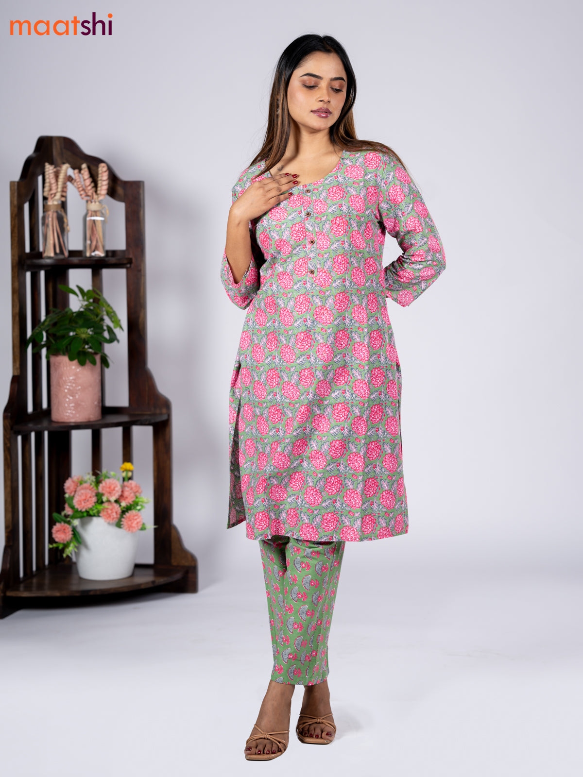 Cotton readymade kurti set green and pink with allover floral prints & simple neck pattern and straight cut pant