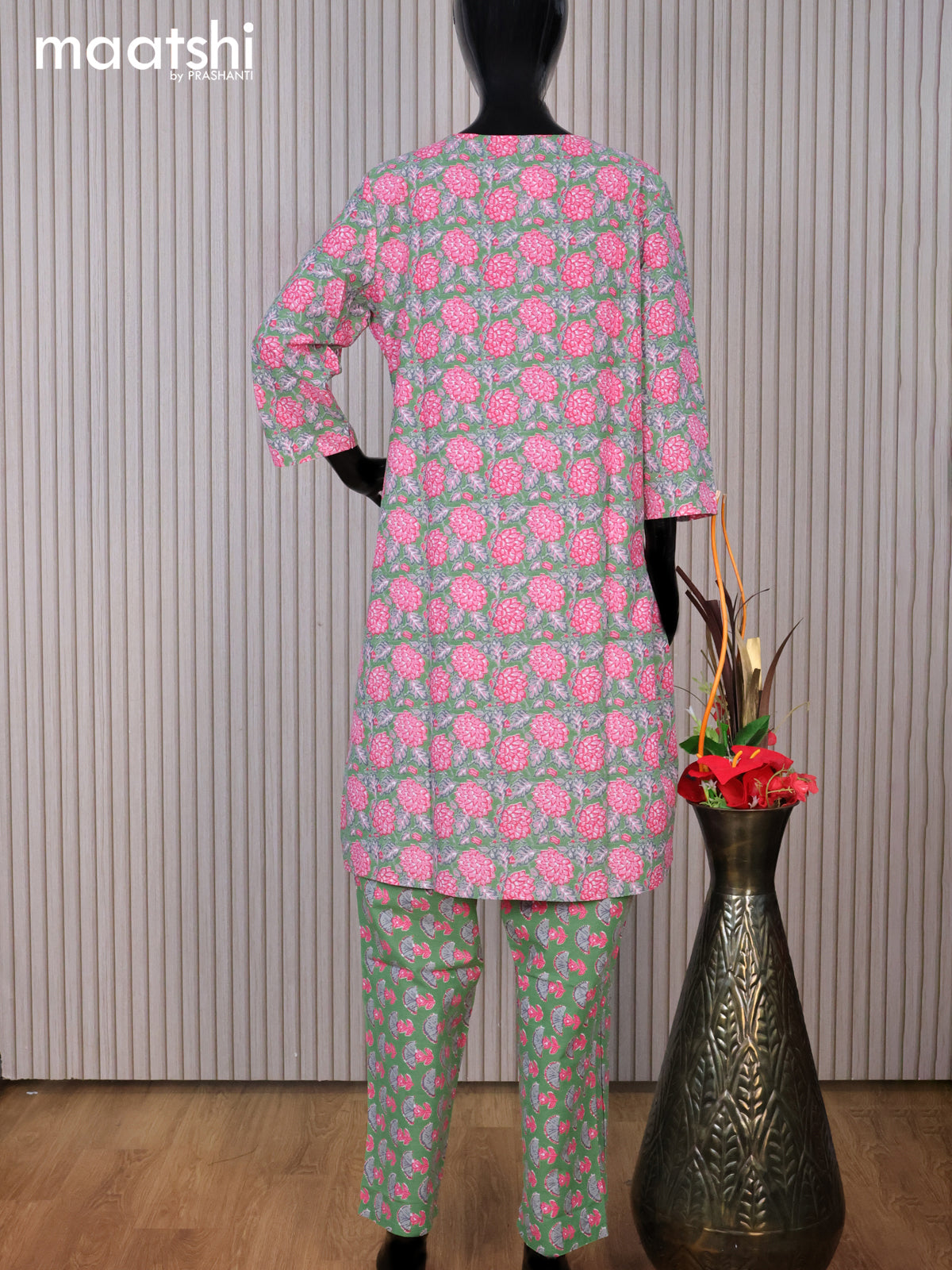 Cotton readymade kurti set green and pink with allover floral prints & simple neck pattern and straight cut pant