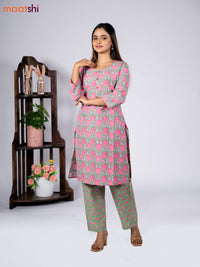 Cotton readymade kurti set green and pink with allover floral prints & simple neck pattern and straight cut pant