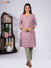 Cotton readymade kurti set green and pink with allover floral prints & simple neck pattern and straight cut pant