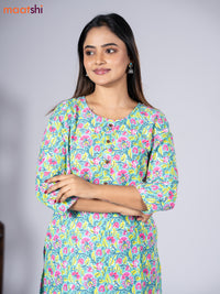 Cotton readymade kurti set teal blue shade and pink with allover floral prints & simple neck pattern and straight cut pant