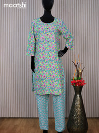 Cotton readymade kurti set teal blue shade and pink with allover floral prints & simple neck pattern and straight cut pant