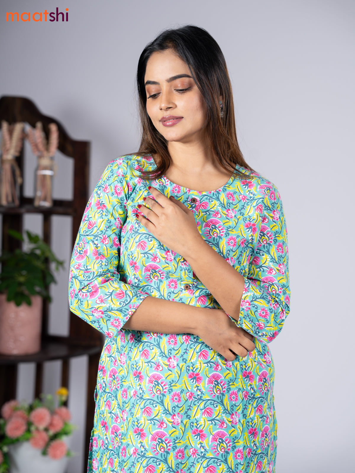 Cotton readymade kurti set teal blue shade and pink with allover floral prints & simple neck pattern and straight cut pant