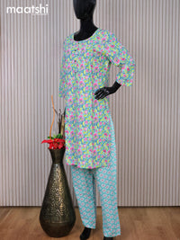 Cotton readymade kurti set teal blue shade and pink with allover floral prints & simple neck pattern and straight cut pant