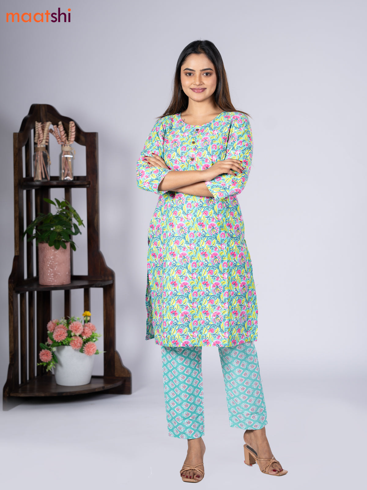 Cotton readymade kurti set teal blue shade and pink with allover floral prints & simple neck pattern and straight cut pant