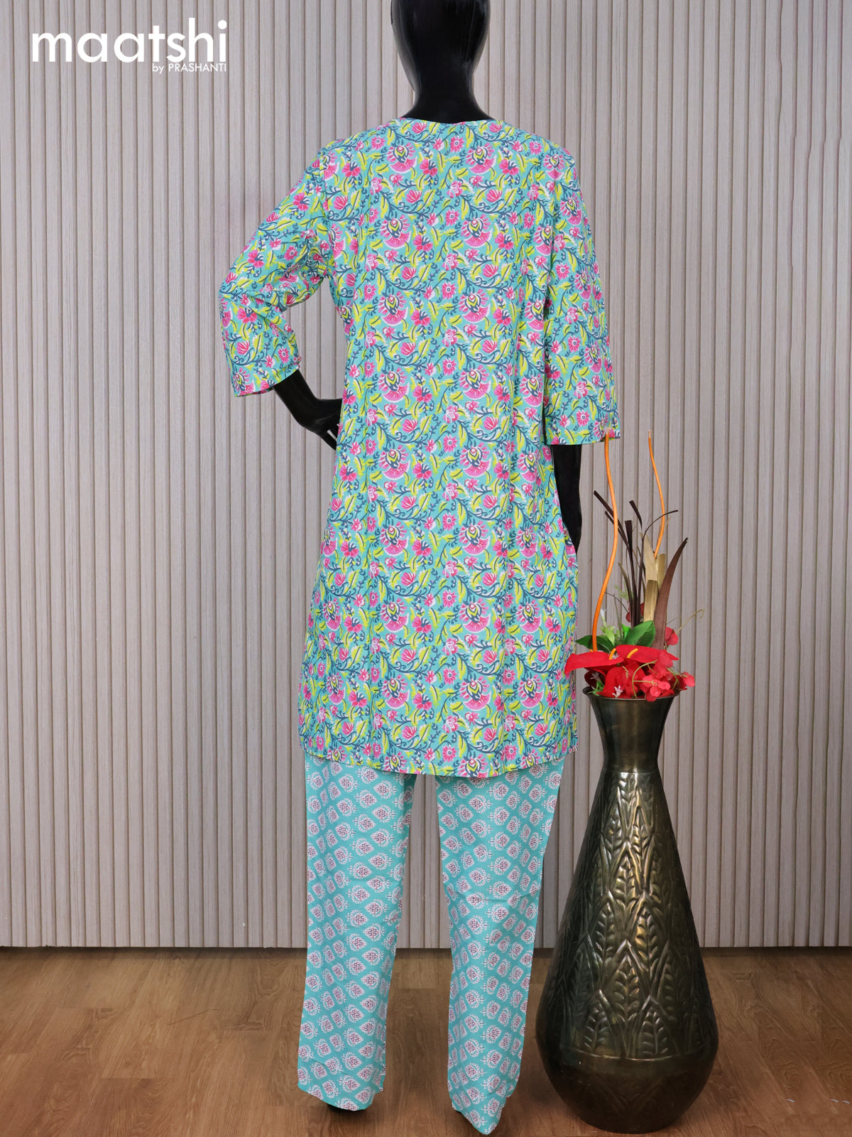 Cotton readymade kurti set teal blue shade and pink with allover floral prints & simple neck pattern and straight cut pant