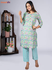 Cotton readymade kurti set teal blue shade and pink with allover floral prints & simple neck pattern and straight cut pant