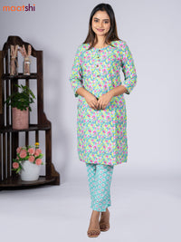 Cotton readymade kurti set teal blue shade and pink with allover floral prints & simple neck pattern and straight cut pant