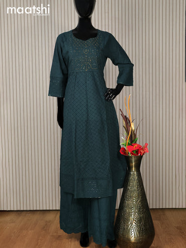 Cotton readymade anarkali salwar suit dark green with hakoba work & beaded work neck pattern and palazzo pant & dupatta