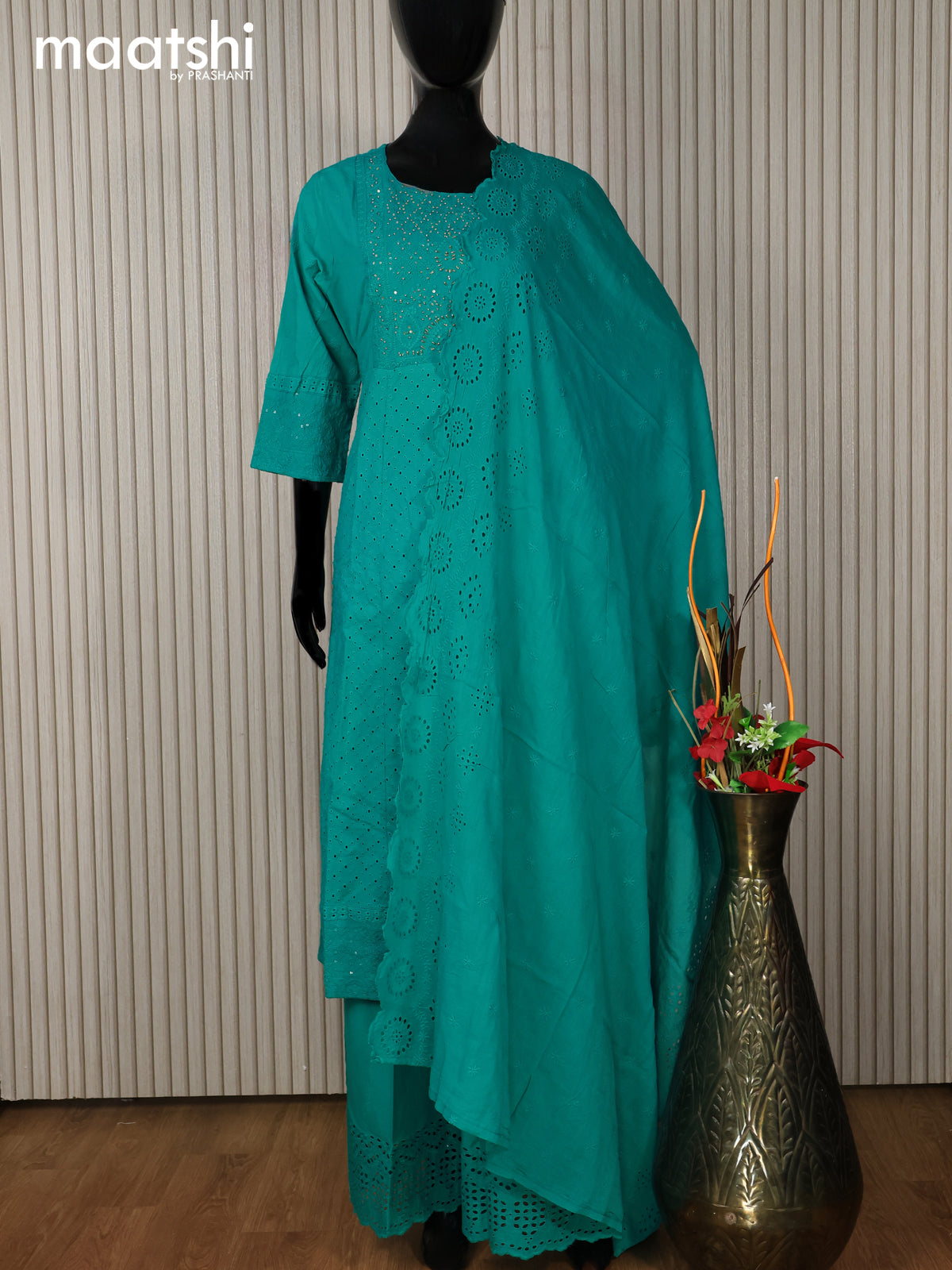 Cotton readymade anarkali salwar suit teal blue with hakoba work & beaded work neck pattern and palazzo pant & dupatta