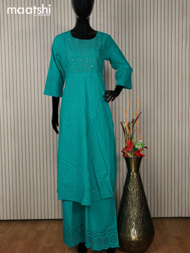 Cotton readymade anarkali salwar suit teal blue with hakoba work & beaded work neck pattern and palazzo pant & dupatta