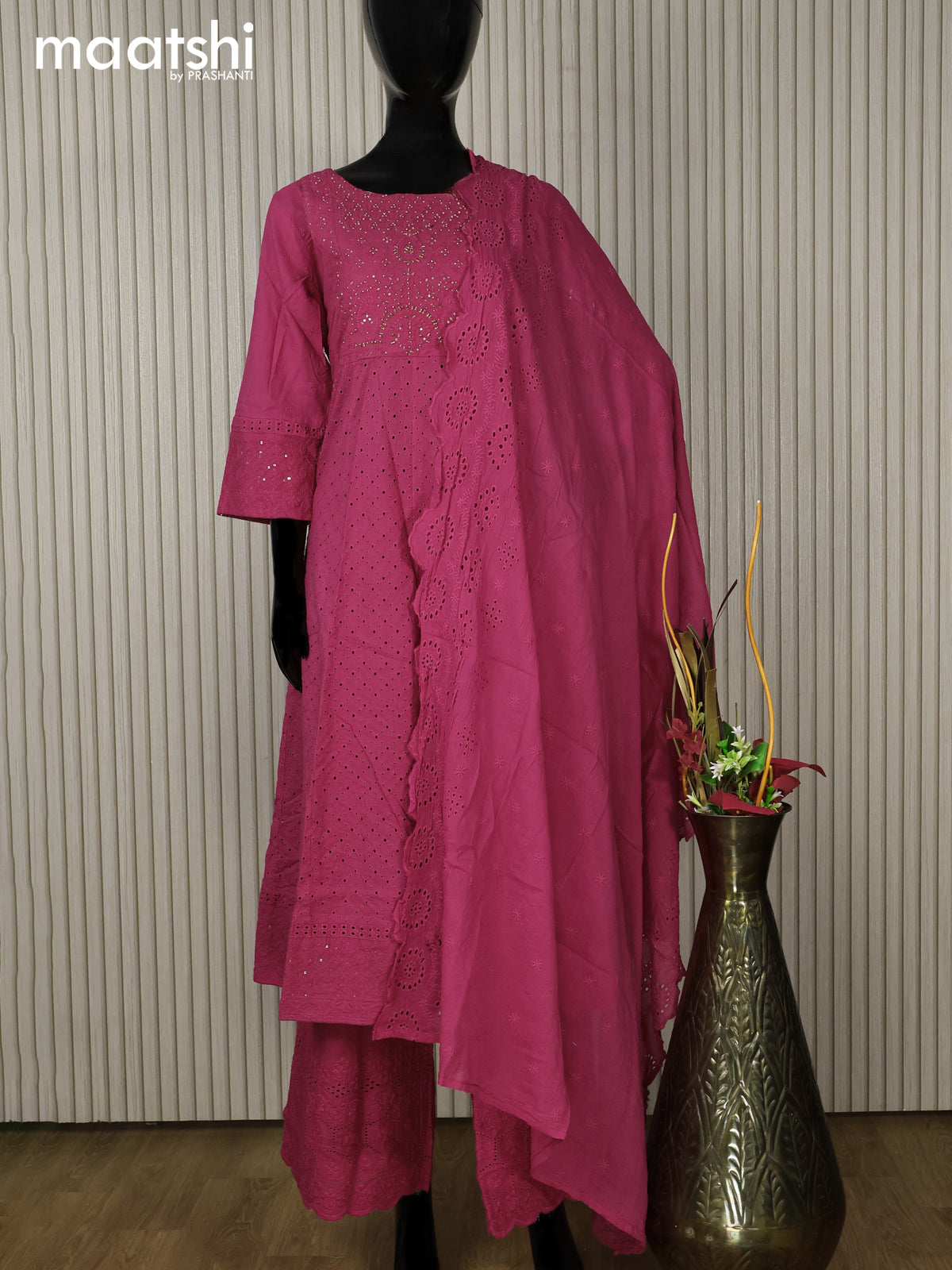 Cotton readymade anarkali salwar suit pink with hakoba work & beaded work neck pattern and palazzo pant & dupatta