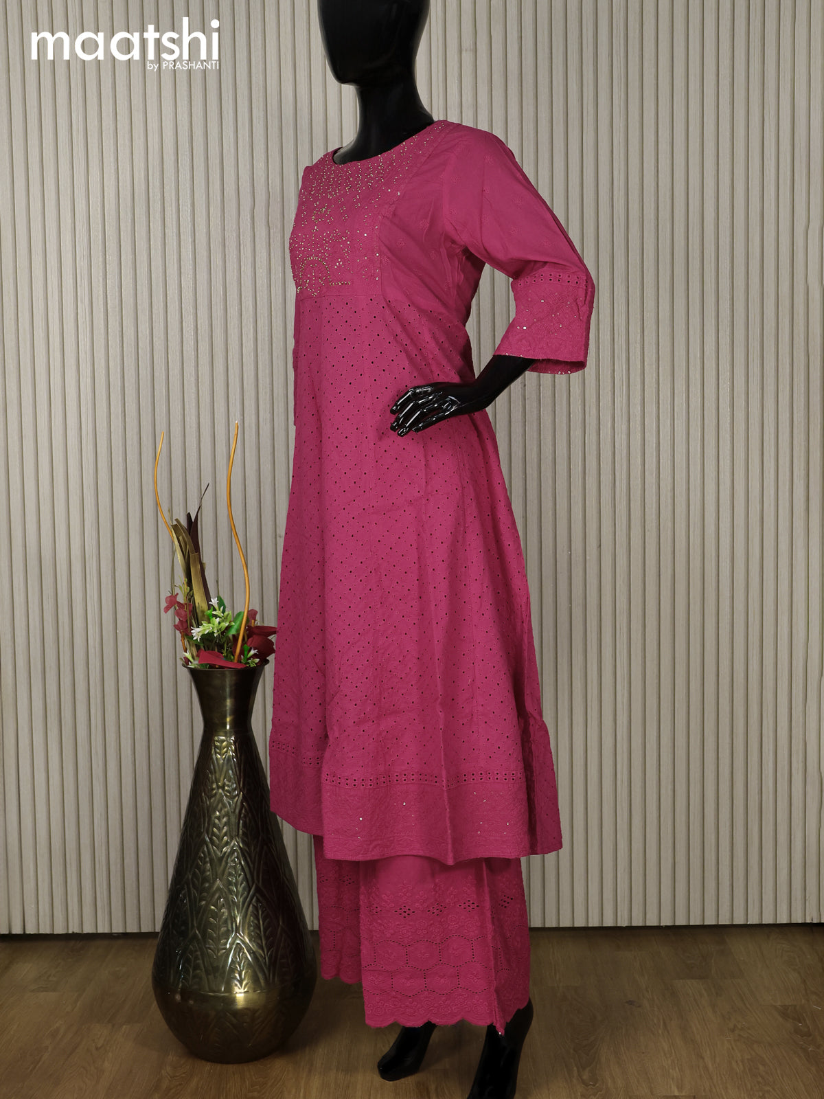 Cotton readymade anarkali salwar suit pink with hakoba work & beaded work neck pattern and palazzo pant & dupatta