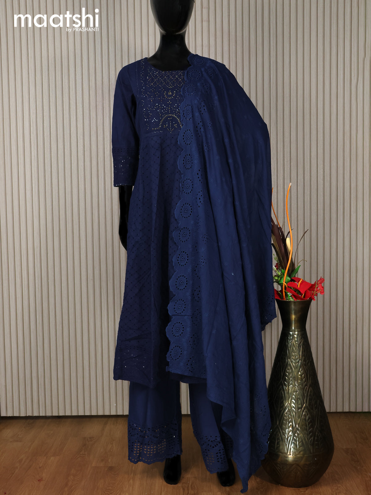 Cotton readymade anarkali salwar suit dark blue with hakoba work & beaded work neck pattern and palazzo pant & dupatta