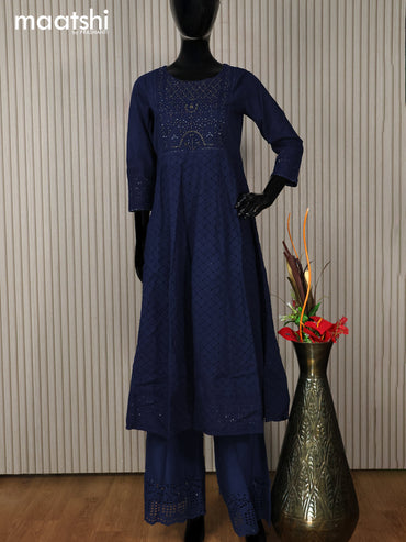 Cotton readymade anarkali salwar suit dark blue with hakoba work & beaded work neck pattern and palazzo pant & dupatta