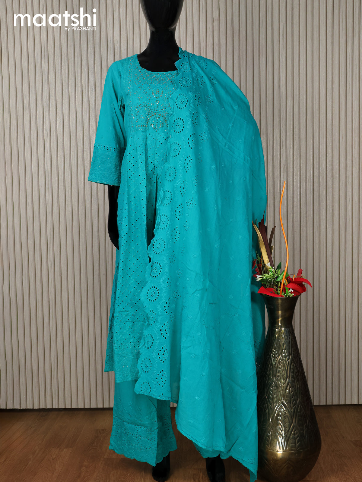 Cotton readymade anarkali salwar suit teal blue with hakoba work & beaded work neck pattern and palazzo pant & dupatta