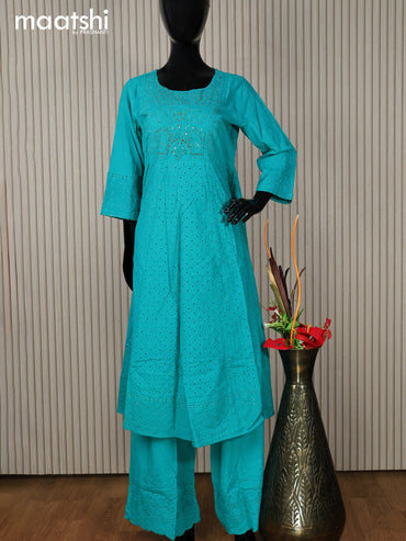 Cotton readymade anarkali salwar suit teal blue with hakoba work & beaded work neck pattern and palazzo pant & dupatta