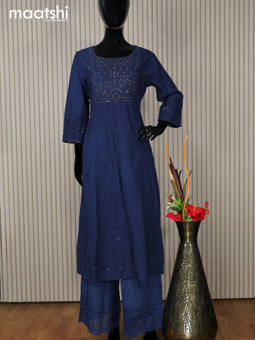 Cotton readymade anarkali salwar suit dark blue with hakoba work & beaded work neck pattern and palazzo pant & dupatta