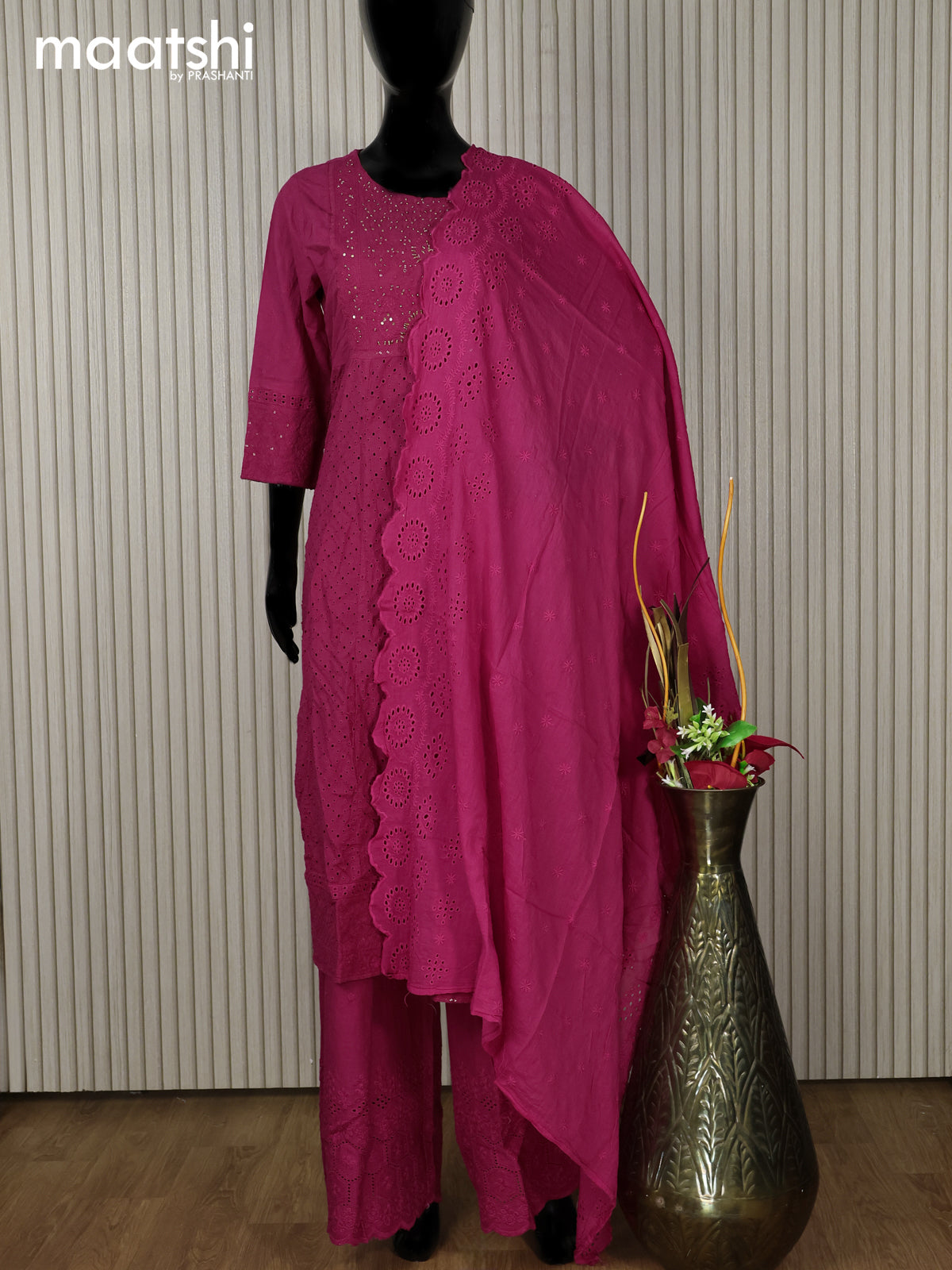 Cotton readymade anarkali salwar suit pink with hakoba work & beaded work neck pattern and palazzo pant & dupatta