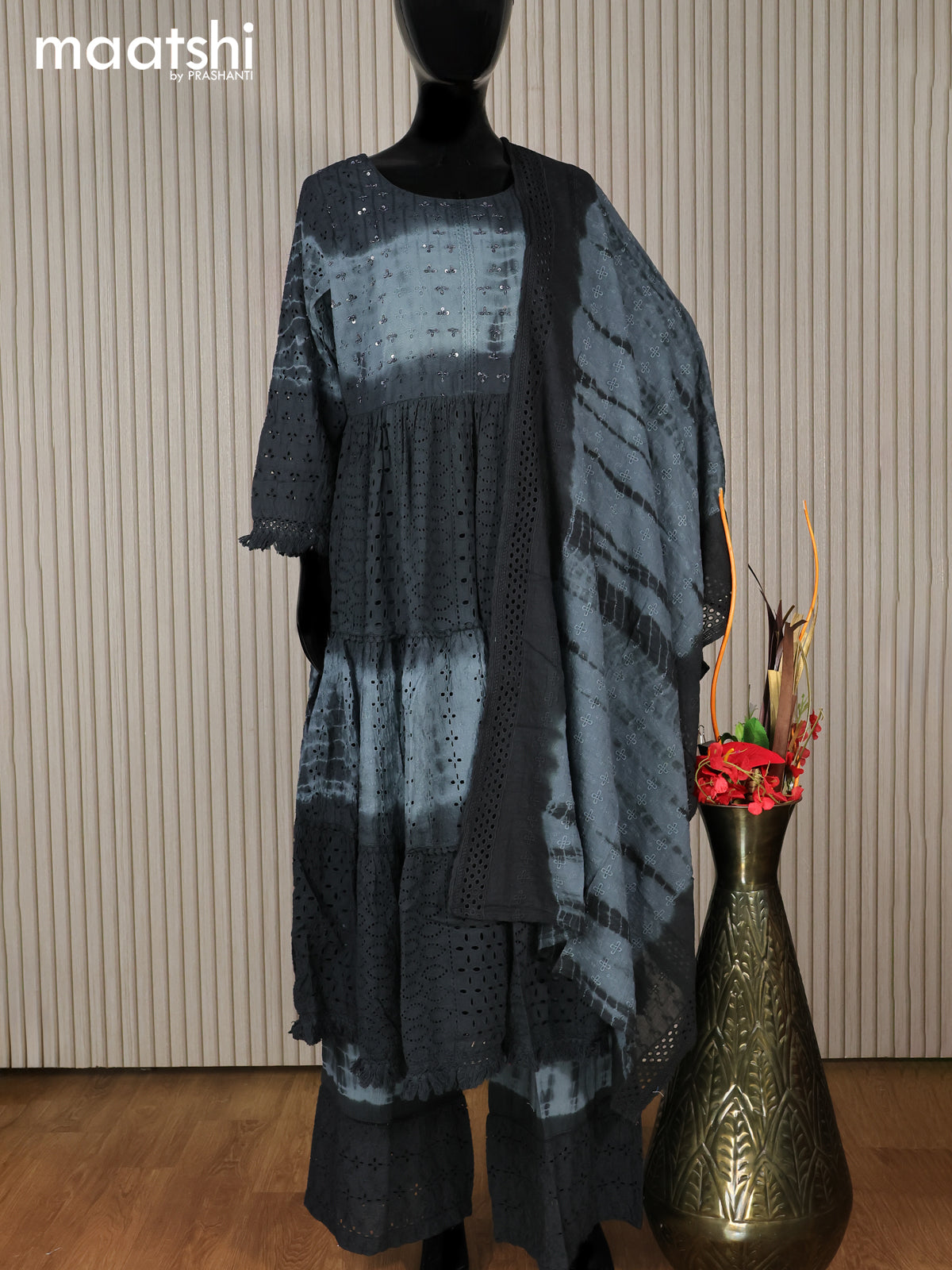 Cotton readymade tie & dye anarkali salwar suit grey with hakoba work & palazzo pant and dupatta