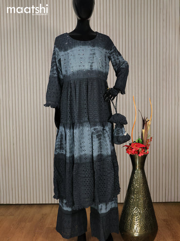 Cotton readymade tie & dye anarkali salwar suit grey with hakoba work & palazzo pant and dupatta