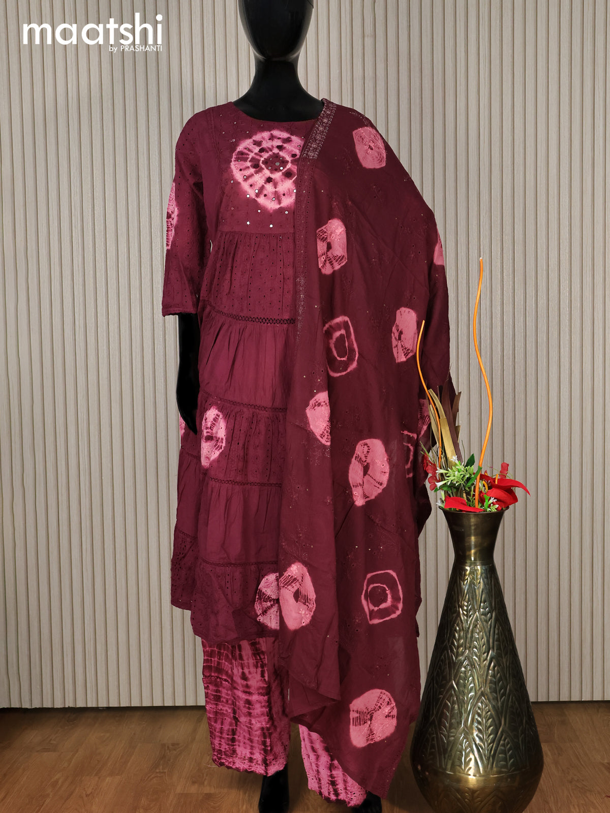 Cotton readymade tie & dye anarkali salwar suit deep maroon and light pink with hakoba work & palazzo pant and dupatta