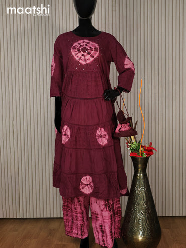 Cotton readymade tie & dye anarkali salwar suit deep maroon and light pink with hakoba work & palazzo pant and dupatta