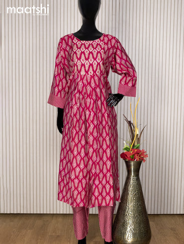 Muslin readymade naira cut salwar suit pink with allover prints & mirror work neck pattern and straight cut pant & dupatta