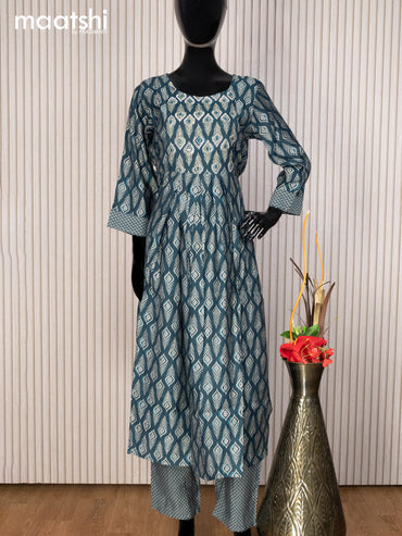 Muslin readymade naira cut salwar suit peacock blue with allover prints & mirror work neck pattern and straight cut pant & dupatta
