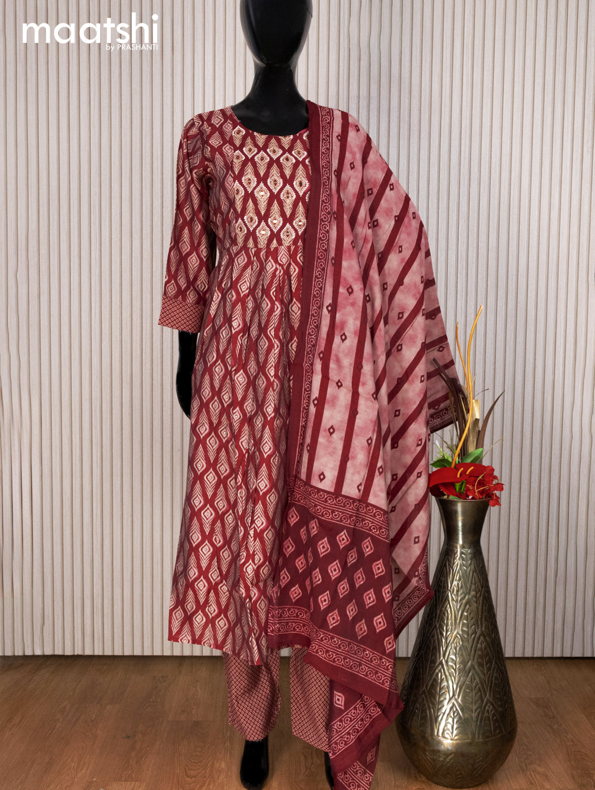 Muslin readymade naira cut salwar suit maroon with allover prints & mirror work neck pattern and straight cut pant & dupatta